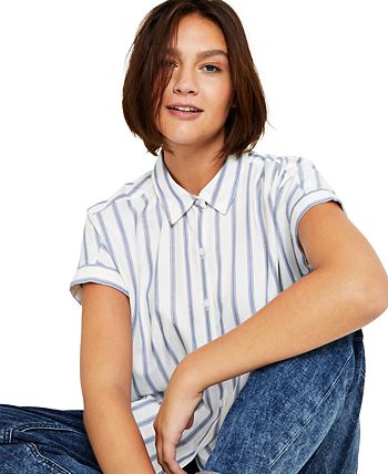 Tommy Jeans Women's Striped Button Front Top Blue Size Medium