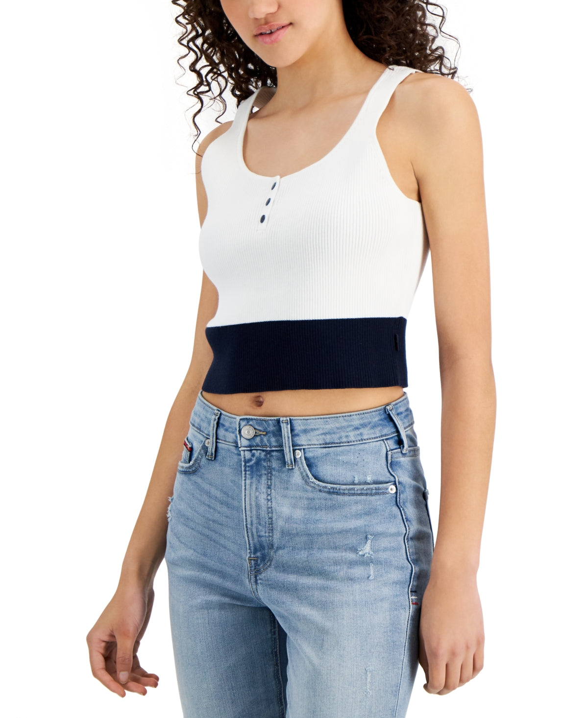 Tommy Jeans Women's Cotton Cropped Colorblocked Sweater Tank Top White Size Large