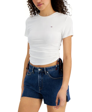 Tommy Jeans Women's Side Ruched Ribbed T-Shirt White Size Small