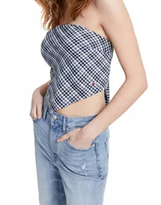 Tommy Jeans Women's Plaid Smocked Scarf Bandeau Top Blue Size Large