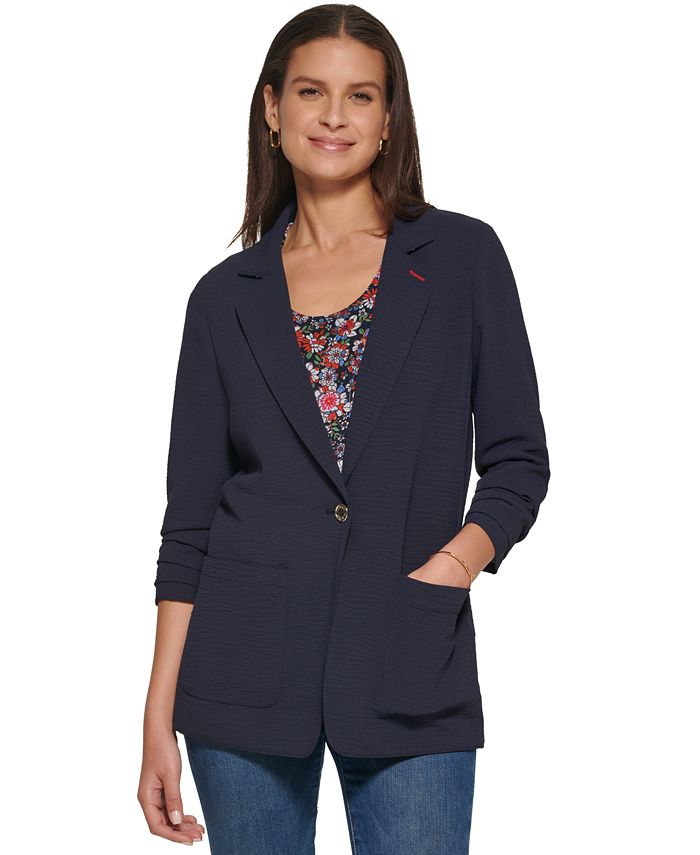 Tommy Hilfiger Women's One Button Ruched Sleeve Blazer Blue Size 4