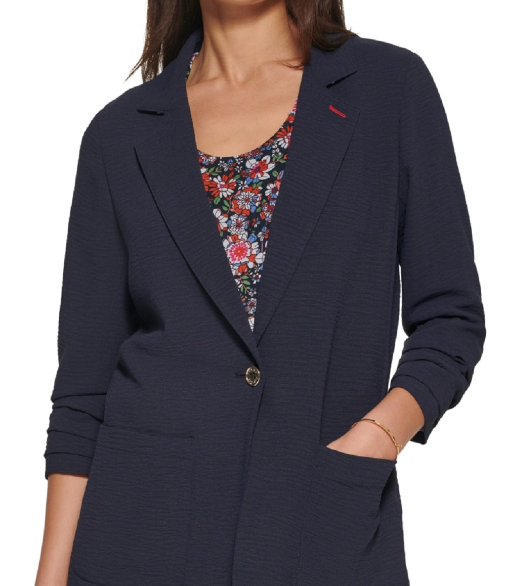 Tommy Hilfiger Women's One Button Ruched Sleeve Blazer Blue Size 4