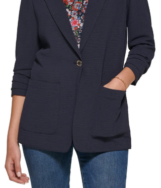 Tommy Hilfiger Women's One Button Ruched Sleeve Blazer Blue Size 4