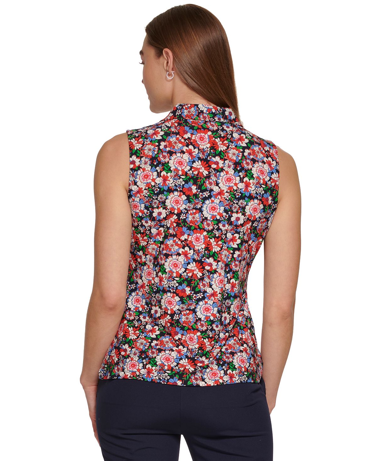 Tommy Hilfiger Women's Floral Print Sleeveless Shirt Blue Size X-Large