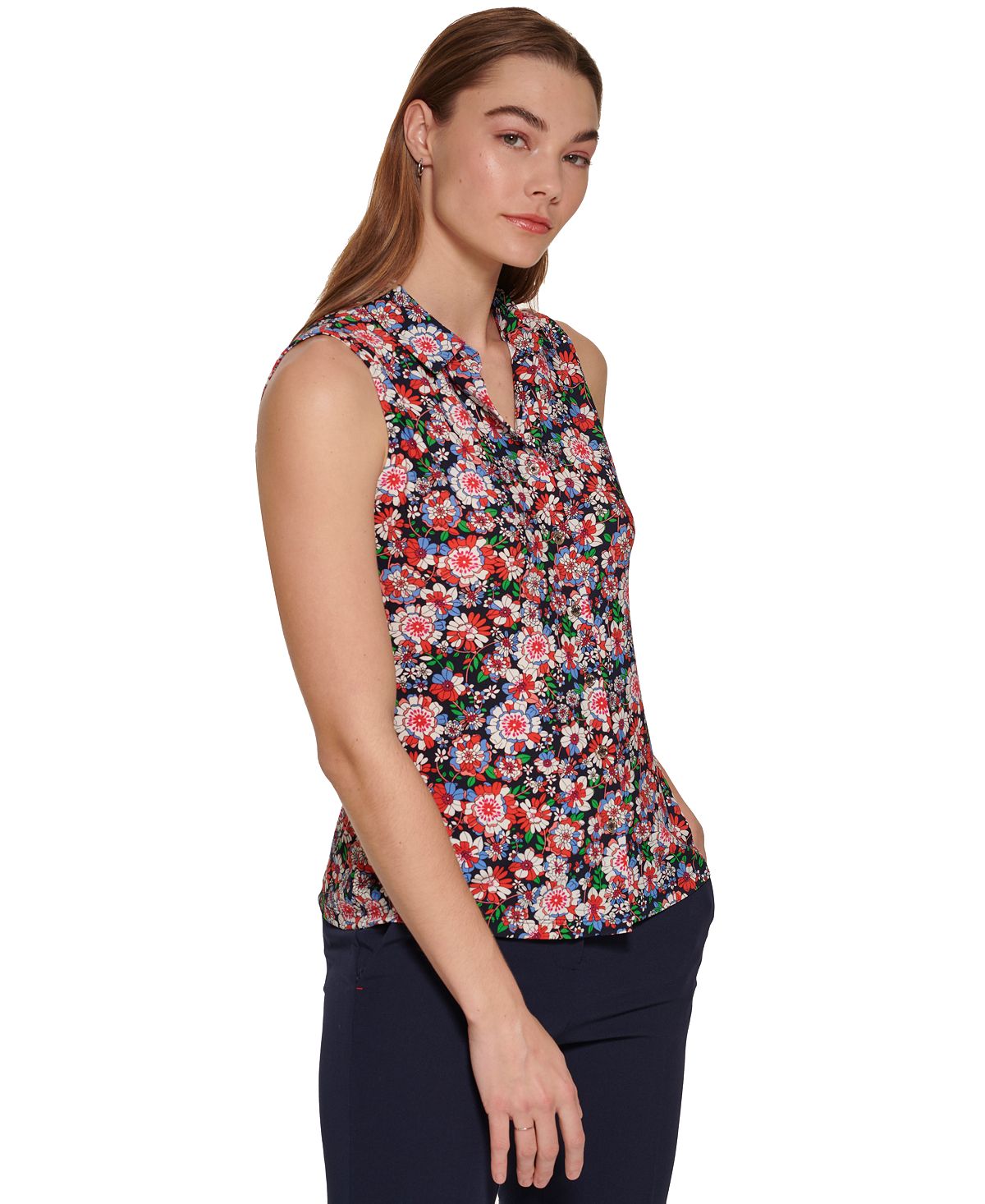 Tommy Hilfiger Women's Floral Print Sleeveless Shirt Blue Size X-Large