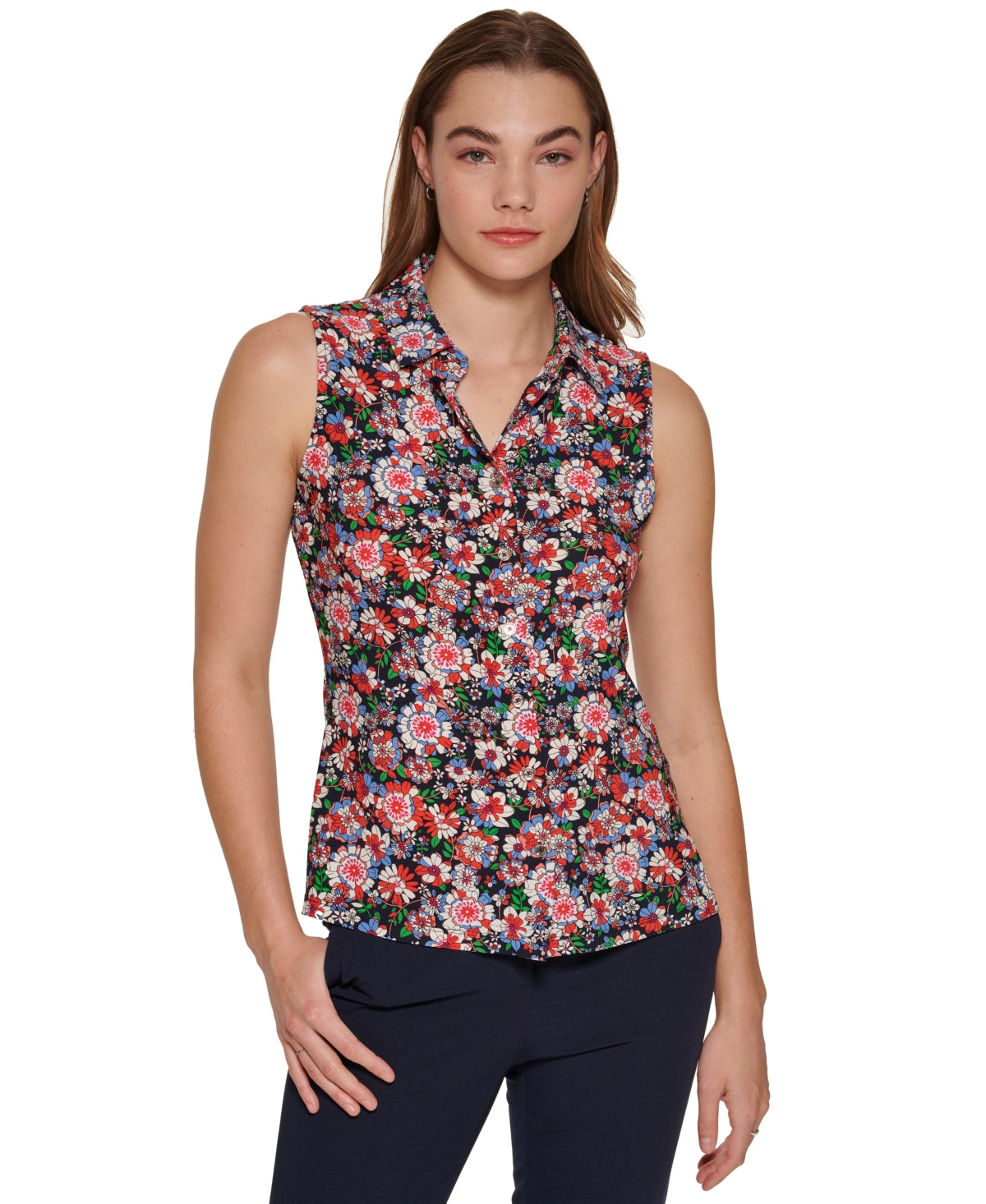 Tommy Hilfiger Women's Floral Print Sleeveless Shirt Blue Size X-Large