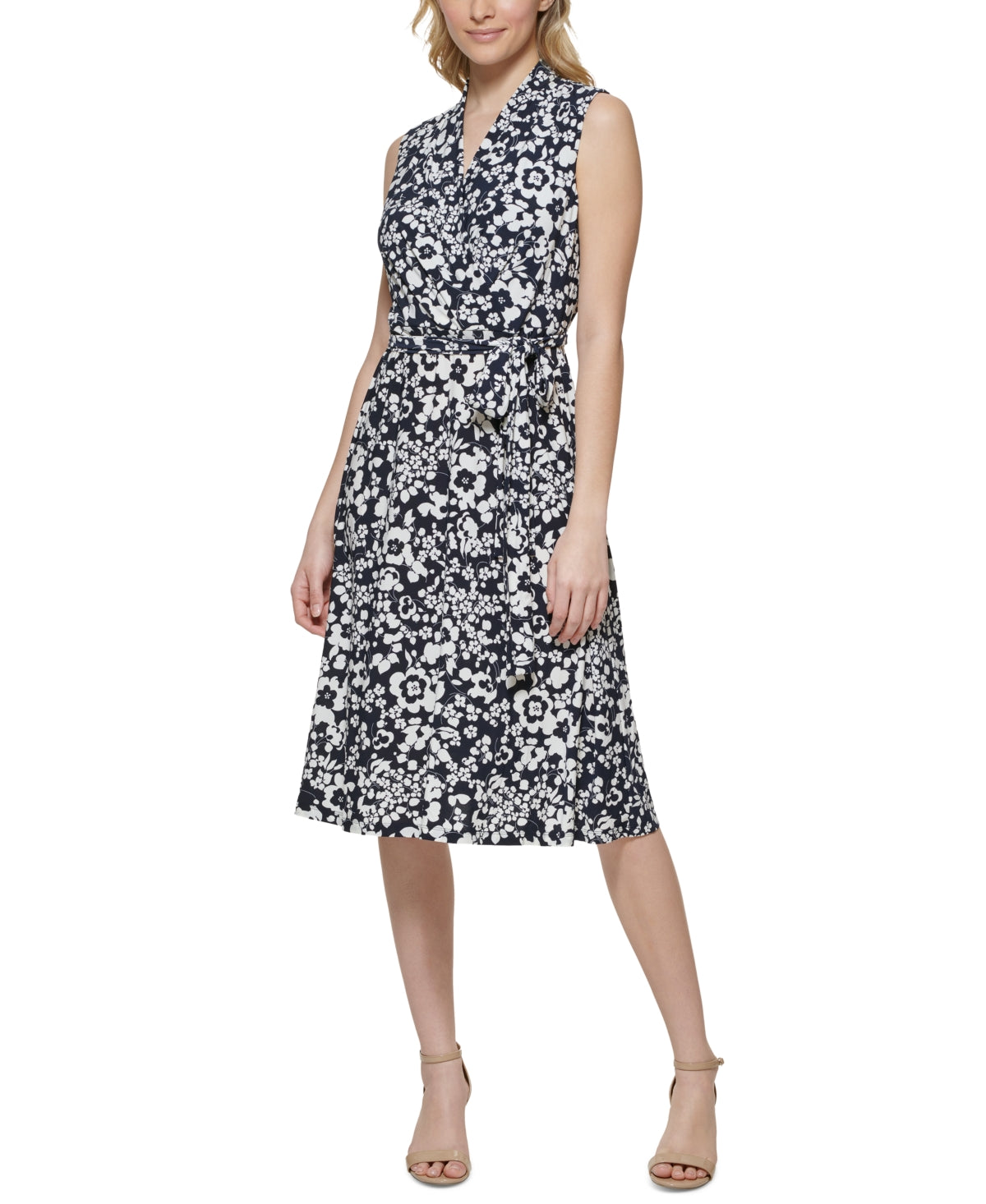 Tommy Hilfiger Women's Printed Faux Wrap Midi Dress Blue Size 14