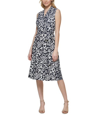 Tommy Hilfiger Women's Printed Faux Wrap Midi Dress Blue Size 14