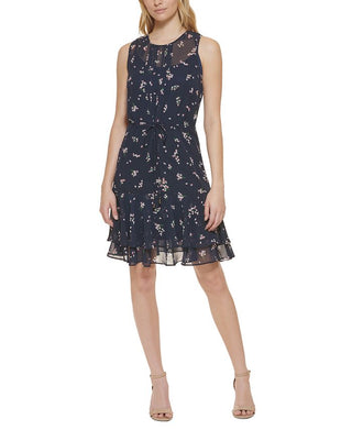 Tommy Hilfiger Women's Floral Print Fit & Flare Dress Blue Size 8Petite