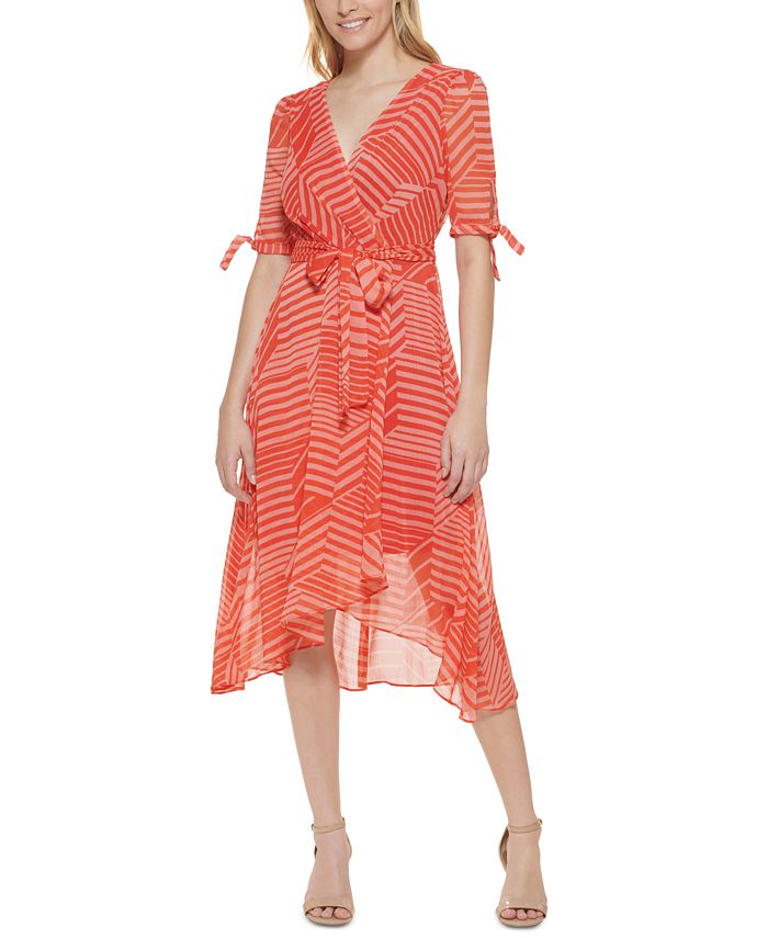 Tommy Hilfiger Women's Striped Faux Wrap Midi Dress Orange Size 8
