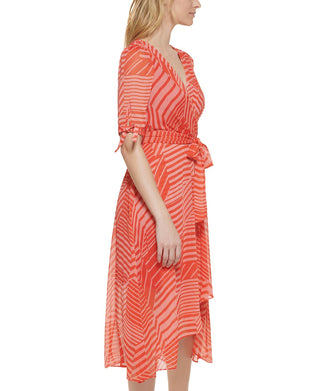 Tommy Hilfiger Women's Striped Faux Wrap Midi Dress Orange Size 8