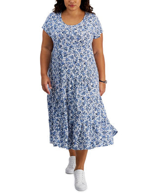 Tommy Hilfiger Women's Tiered Floral Midi Dress Blue Size 2X