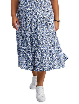 Tommy Hilfiger Women's Tiered Floral Midi Dress Blue Size 2X