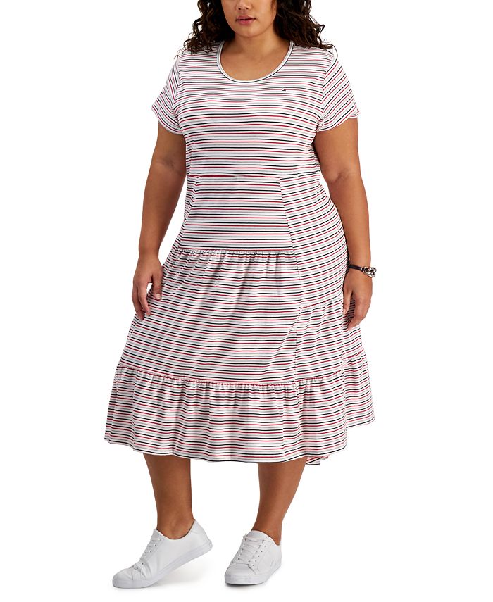 Tommy Hilfiger Women's Plus Tiered Striped Midi Dress Gray Size 1X