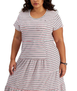 Tommy Hilfiger Women's Plus Tiered Striped Midi Dress Gray Size 1X