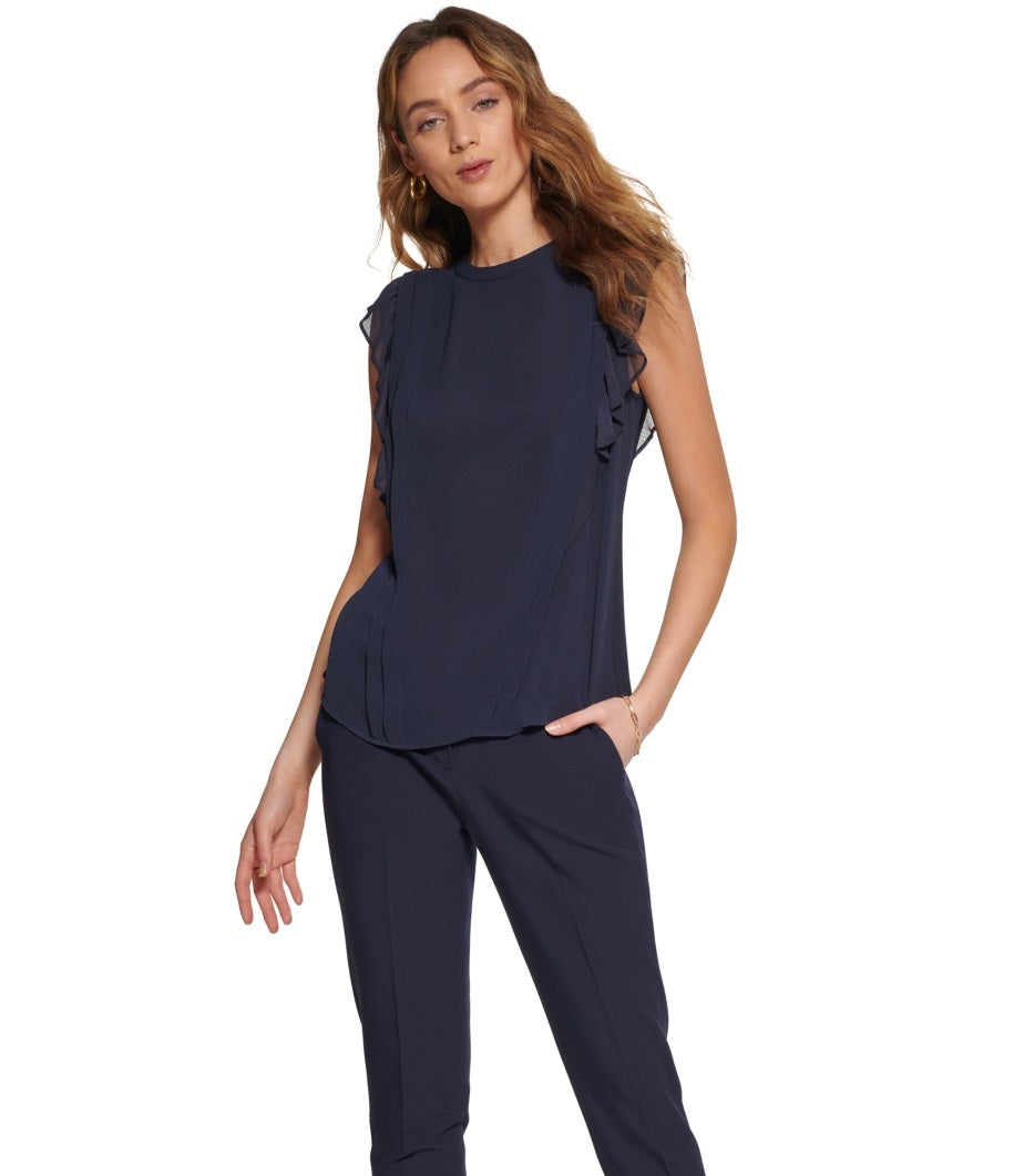 Tommy Hilfiger Women's Ruffled Sleeveless Blouse Blue Size X-Large