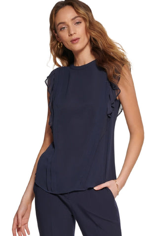 Tommy Hilfiger Women's Ruffled Sleeveless Blouse Blue Size Small