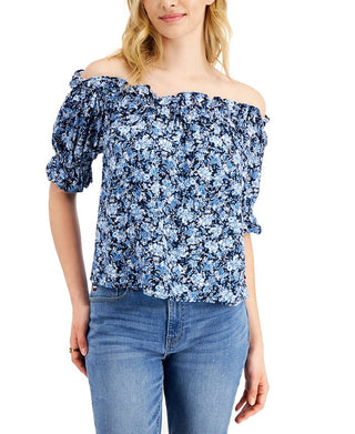 Tommy Hilfiger Women's Off The Shoulder Floral Print Top Blue Size Large