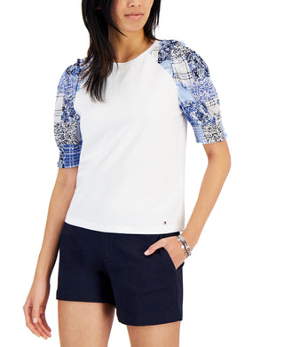 Tommy Hilfiger Women's Mixed Media Puff Sleeve Top White Size X Large