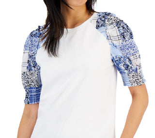 Tommy Hilfiger Women's Mixed Media Puff Sleeve Top White Size X Large