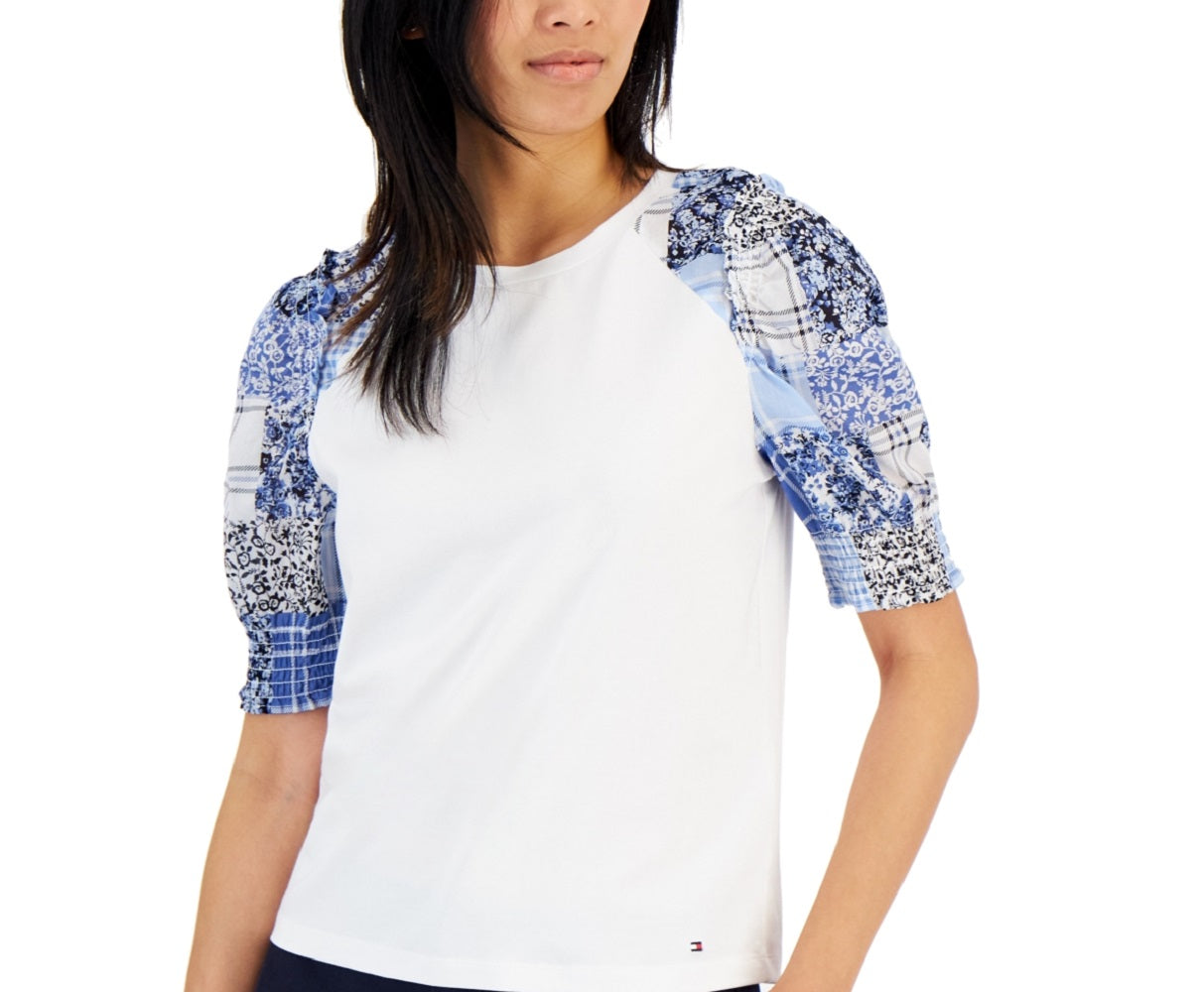 Tommy Hilfiger Women's Mixed Media Puff Sleeve Top White Size Large