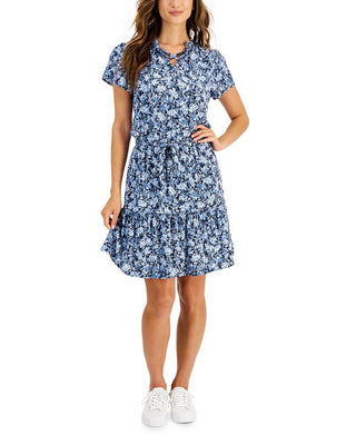 Tommy Hilfiger Women's Floral Printed Tie Neck Dress Blue Size Medium