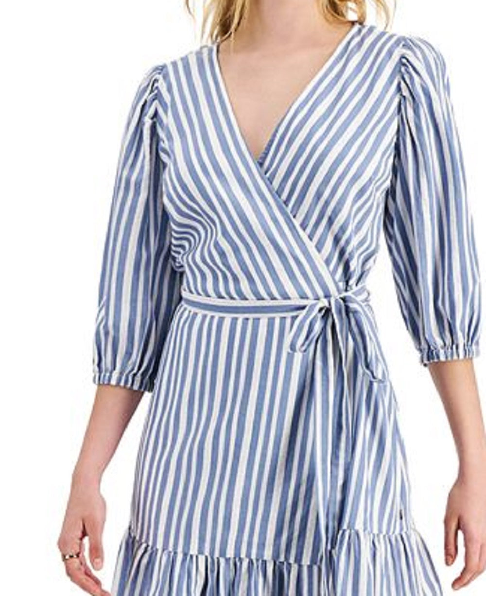 Tommy Hilfiger Women's Striped Faux Wrap Dress Blue Size Small