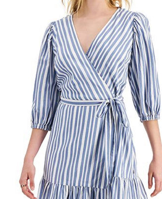 Tommy Hilfiger Women's Striped Faux Wrap Dress Blue Size Small