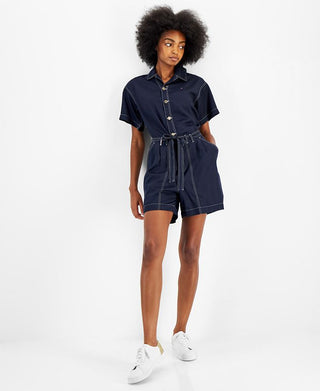 Tommy Hilfiger Women's Belted Button Down Romper Blue Size Medium