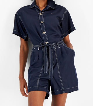 Tommy Hilfiger Women's Belted Button Down Romper Blue Size Medium
