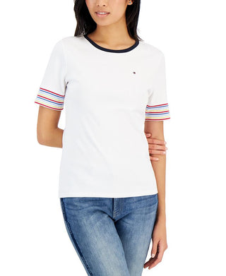 Tommy Hilfiger Women's Cotton Striped Sleeve T-Shirt White Size Medium