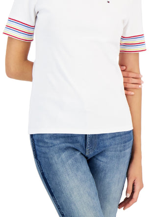 Tommy Hilfiger Women's Cotton Striped Sleeve T-Shirt White Size Medium
