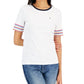 Tommy Hilfiger Women's Cotton Striped Sleeve T-Shirt White Size Small