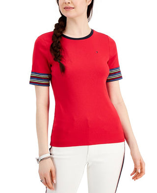 Tommy Hilfiger Women's Cotton Striped Sleeve T Shirt Red Size Medium