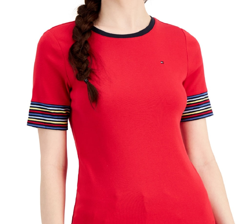 Tommy Hilfiger Women's Cotton Striped Sleeve T Shirt Red Size Medium