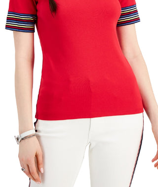 Tommy Hilfiger Women's Cotton Striped Sleeve T Shirt Red Size Medium