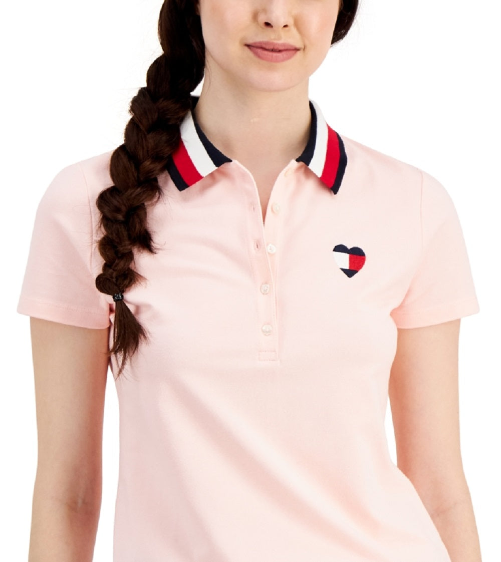 Tommy Hilfiger Women's Embroidered Heart Logo Polo Top Pink Size Small