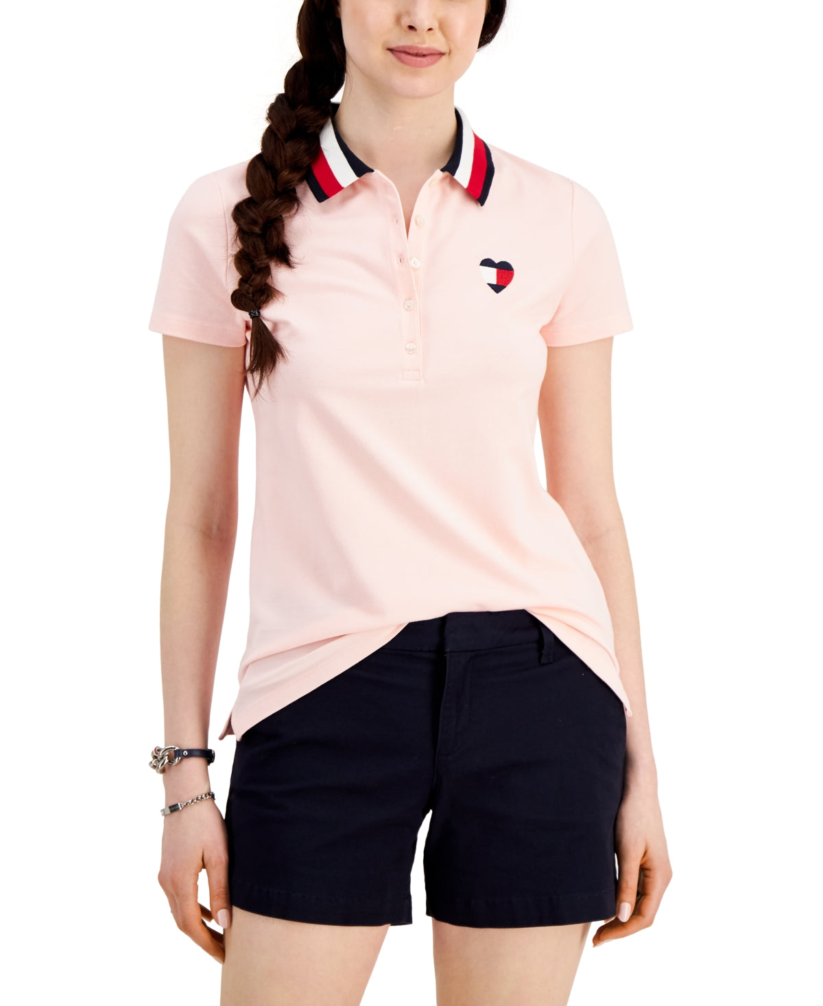 Tommy Hilfiger Women's Embroidered Heart Logo Polo Top Pink Size Small