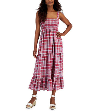 Tommy Hilfiger Women's Plaid Tiered Sleeveless Dress Red Size Small