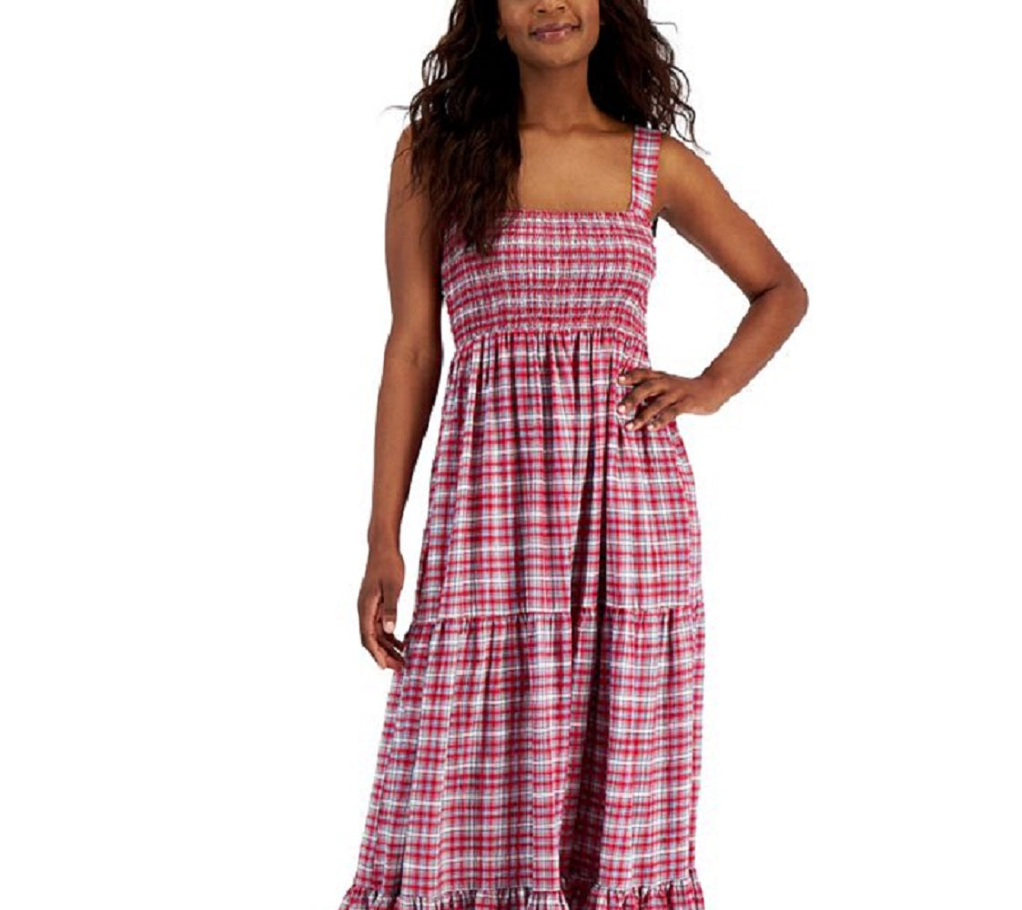 Tommy Hilfiger Women's Plaid Tiered Sleeveless Dress Red Size Small