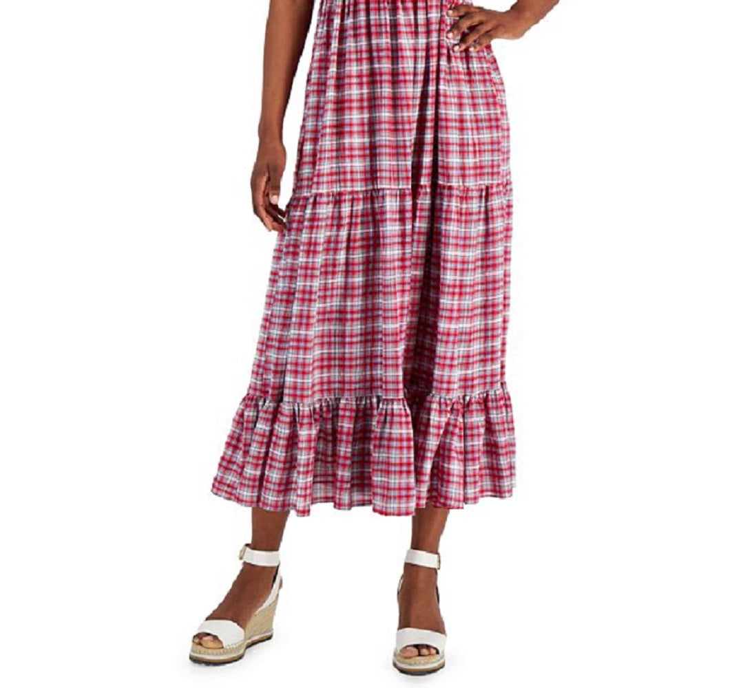 Tommy Hilfiger Women's Plaid Tiered Sleeveless Dress Red Size Small
