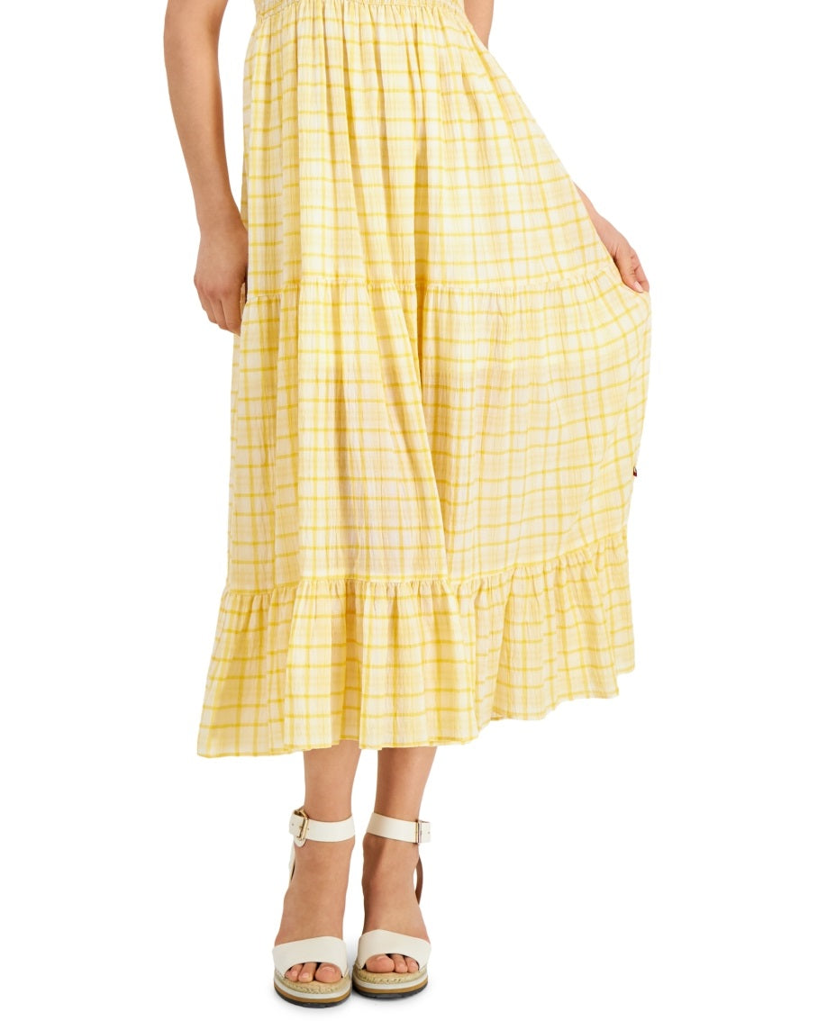 Tommy Hilfiger Women's Plaid Tiered Sleeveless Dress Yellow Size Medium