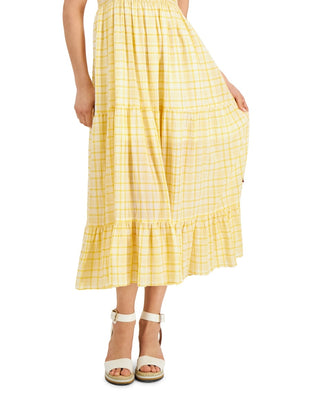 Tommy Hilfiger Women's Plaid Tiered Sleeveless Dress Yellow Size Medium
