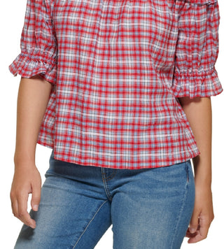 Tommy Hilfiger Women's Plaid Off The Shoulder Top Red Size XX-Large