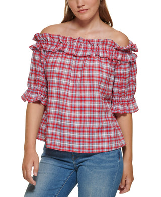Tommy Hilfiger Women's Plaid Off The Shoulder Top Red Size XX-Large