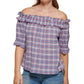 Tommy Hilfiger Women's Plaid Off The Shoulder Top Blue Size X-Large