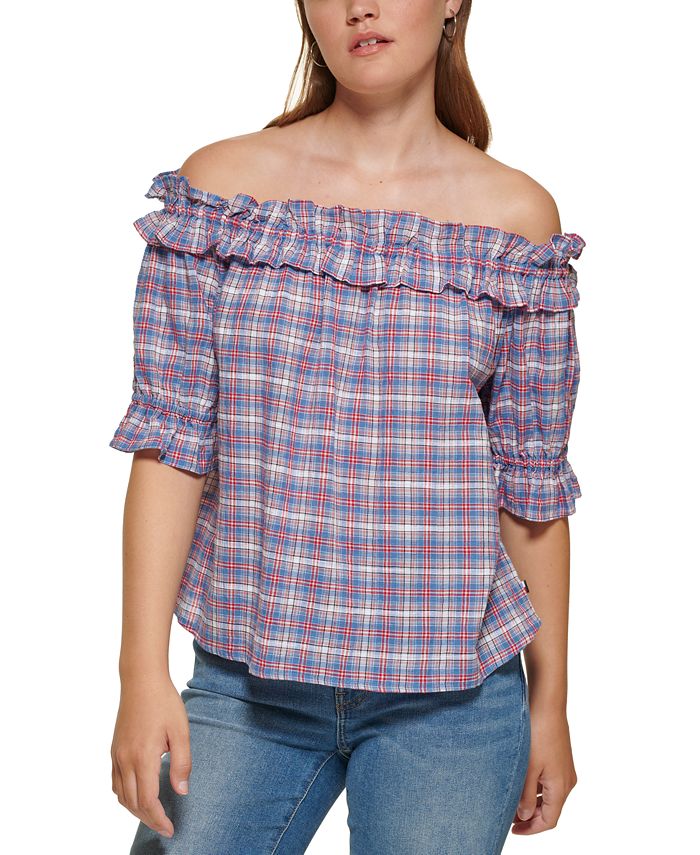 Tommy Hilfiger Women's Plaid Off The Shoulder Top Blue Size Large