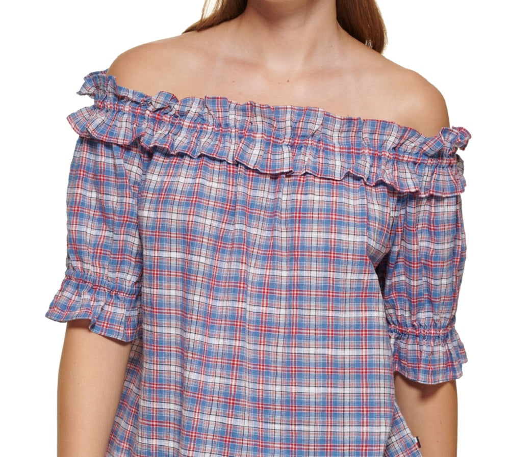 Tommy Hilfiger Women's Plaid Off The Shoulder Top Blue Size Large