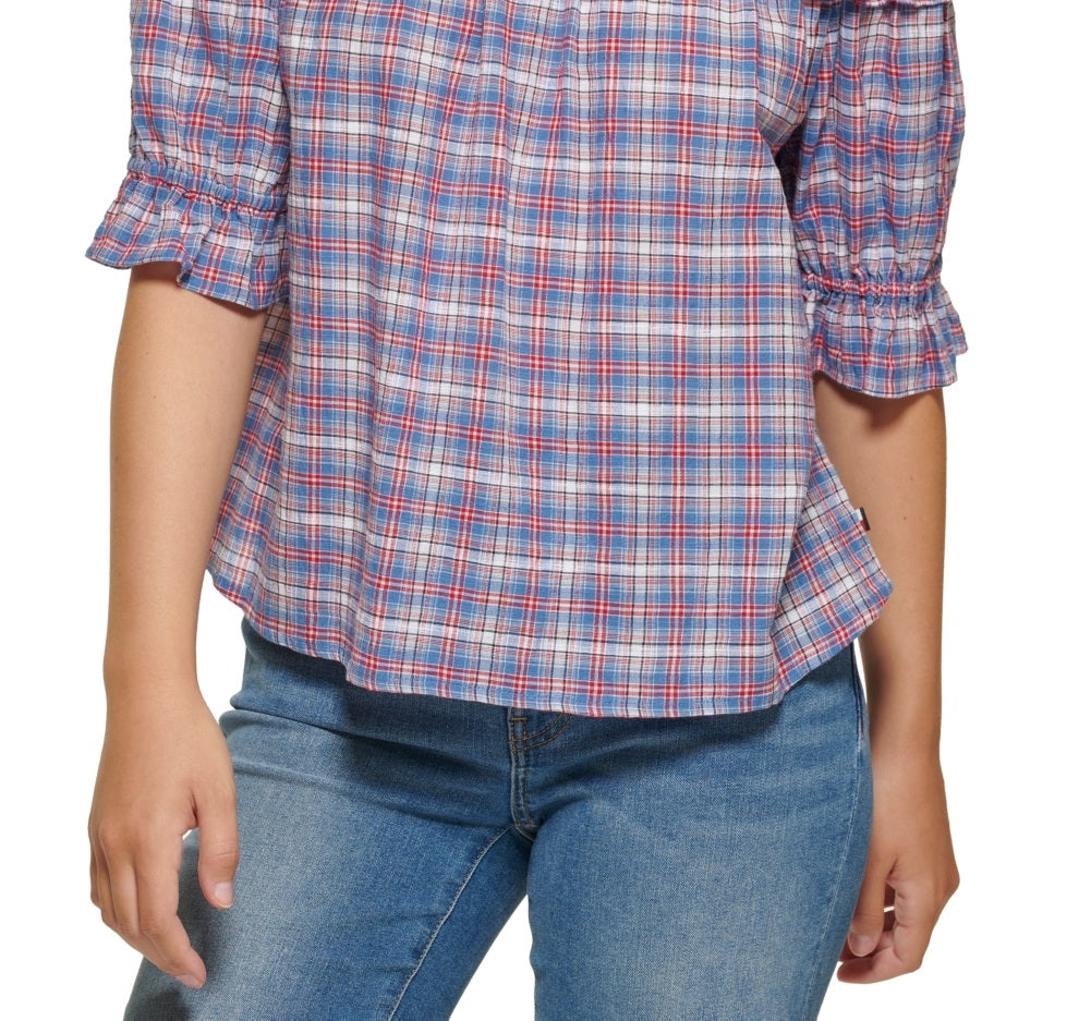 Tommy Hilfiger Women's Plaid Off The Shoulder Top Blue Size Large