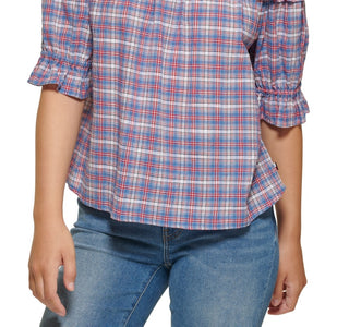 Tommy Hilfiger Women's Plaid Off The Shoulder Top Blue Size Large